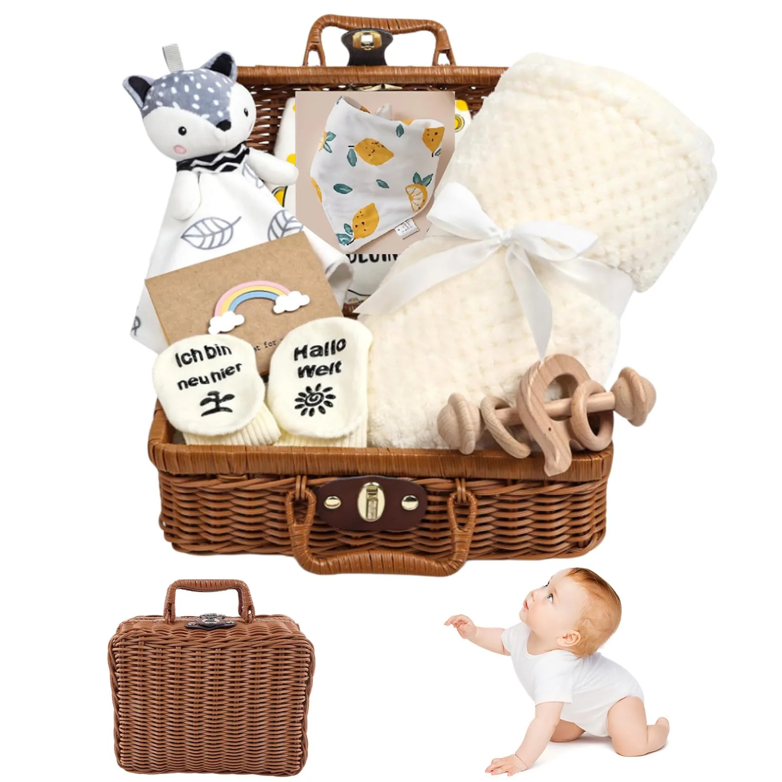 Cadeau pour nouveau-né, coffret cadeau 7 en 1 pour garçons et filles avec couverture, hochet en bois avec éléphant, doudou bavoir, chaussettes dans boîte cadeau, cadeau de naissance, fête
