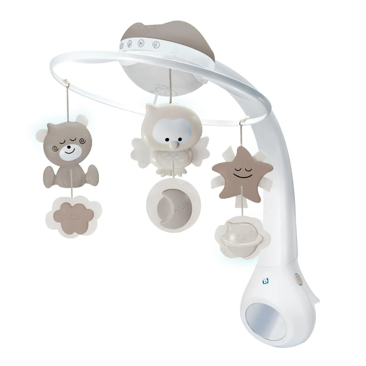 Infantino Mobile Musical 3-en-1, Mobile Transformable en Projecteur et en Veilleuse avec Mode Réveil, 6 Mélodies Intégrées et 4 Sons Nature, Gris Grey