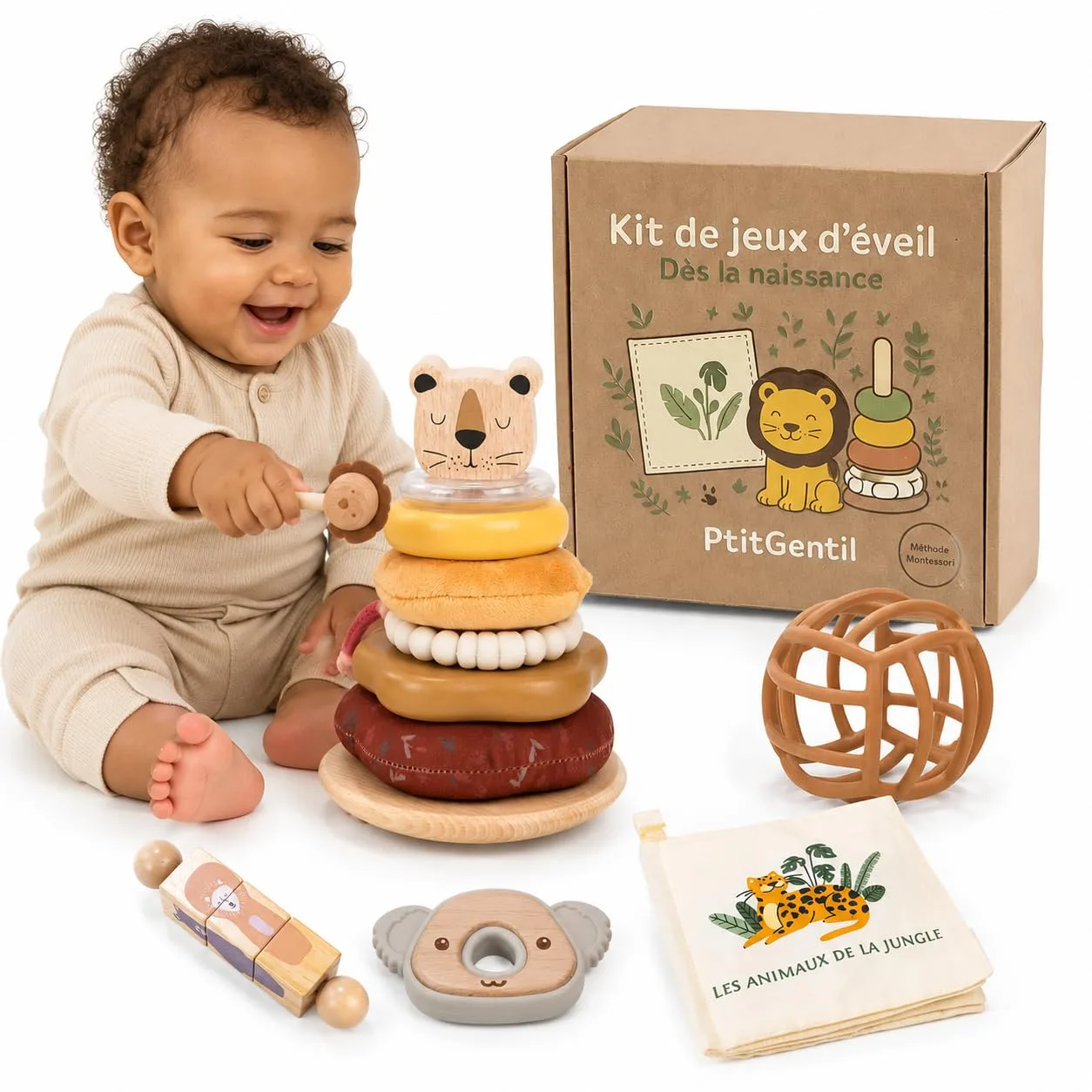 Ptit’Gaby – Coffret Naissance Montessori Mixte Bébé – Balle Sensorielle, Livre en Tissu, Tour d’Empilage – 6 Jeux d’Éveil Bois & Silicone – Garçon & Fille